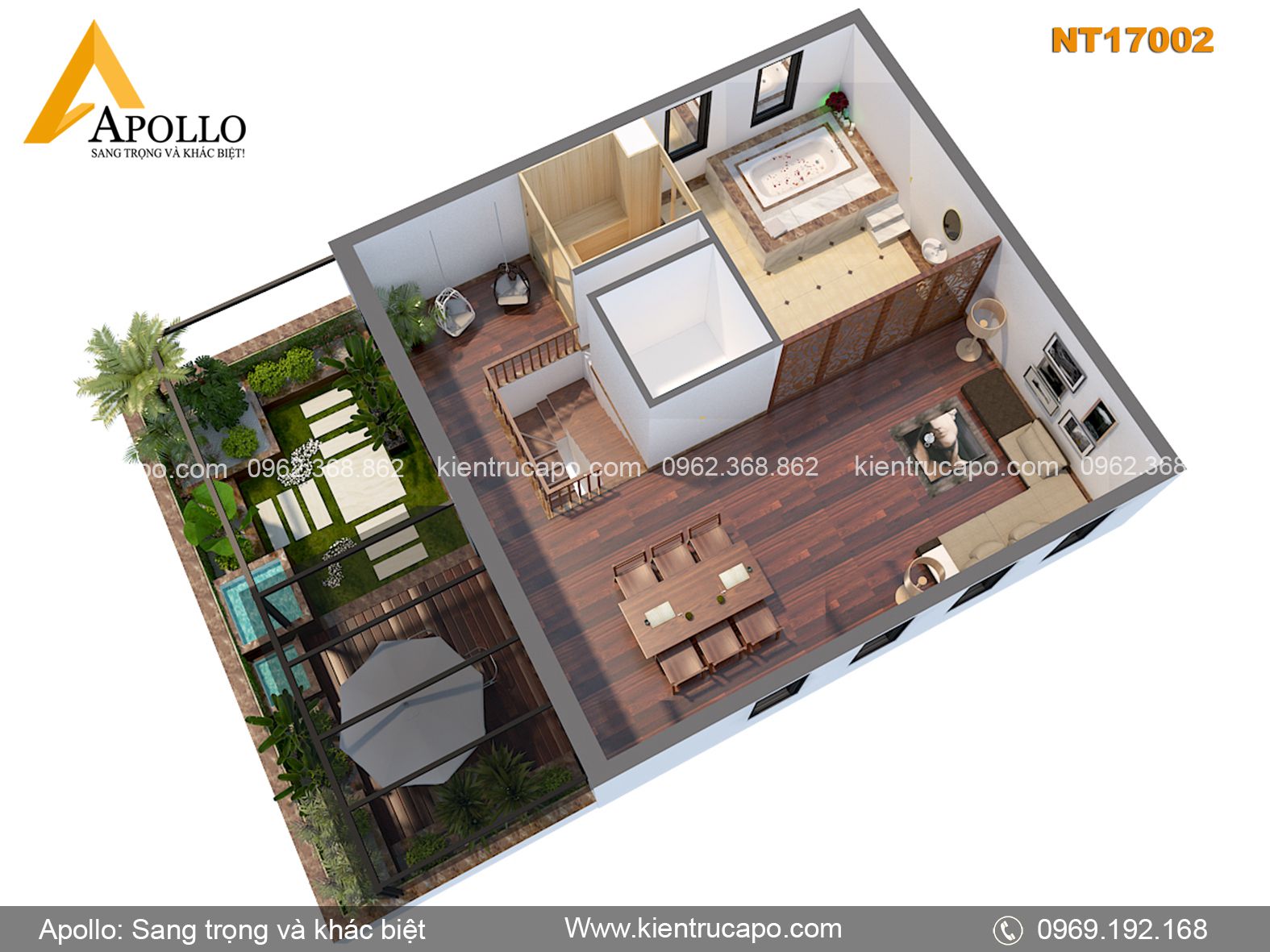 Mẫu nội thất hiện đại kết hợp sân vườn độc đáo ấn tượng (NT17002)